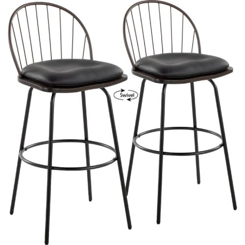 Riley Claire 30" Swivel Bar Stool in Black & Bronze, Walnut Wood & Brown Leatherette (Set of 2)